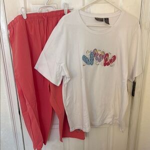 Jane Ashley White Graphic Flip Flop T-Shirt & Coral Capri Pants Set Size 2X NWT